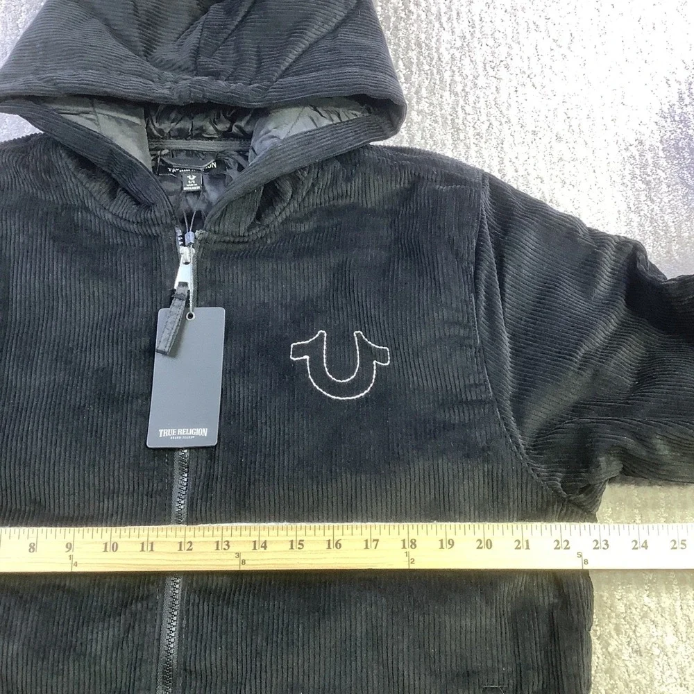 True Religion Mens Vintage Corduroy Jacket Jet Black‎ Hooded Size S NWT